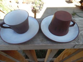 Chinese Yixing? Vintage Clay Stoneware Cups Saucers partially glazed Signed 5