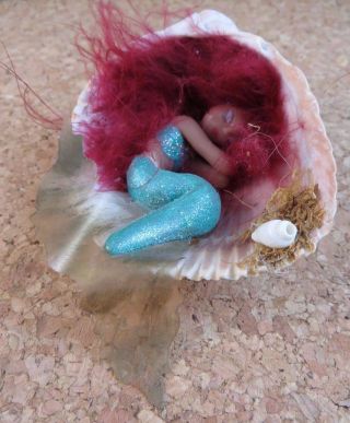 Sleeping Mermaid W/ Red Fuzzy Hair Clay Figurine On Sea Shell 3 "