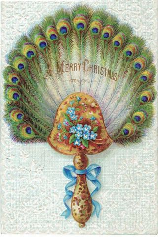 Victorian Christmas Greetings Card Peacock Fan Embossed