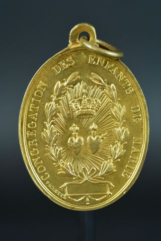 Rare Large Religious Medal Pendant Virgin Mary Signed Vachette Gilded Bronze
