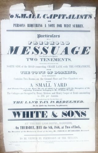 1856 Large Poster At Red Lion Hotel Dorking Surrey Interest