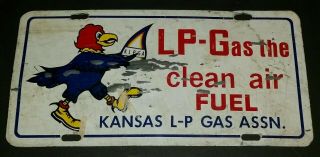 Vtg Steel Kansas Jayhawk Lp Gas Fuel License Plate Collectible Auto Tag