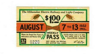 Milwaukee Railway Transit Ticket Pass August 7 - 13 1932 Weekly Permit $1 Dollar
