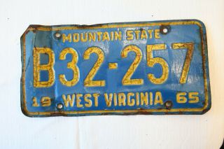1965 West Virginia License Plate B32 - 257 Blue Background Yellow Letters Mountain