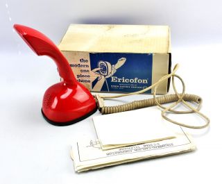 Vintage Ericofon Mandarin Red Cobra Rotary Dial Phone & Box North Electric