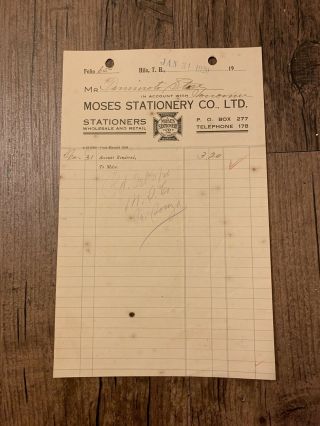 Hawaii Paper Receipt - 1920 Moses Stationery Co.  Hilo,  Hawaii Billhead