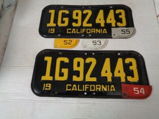 1951 - 52 - 53 - 54 - 55 California CAR license Plate pair RARE 6 DIGITS 2