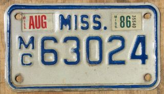 Mississippi Motorcycle License Plate 1986 63024