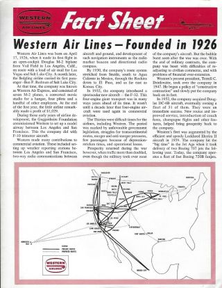1963 Western Airlines Fact Sheet 4 Pages 8 X 11 Inches