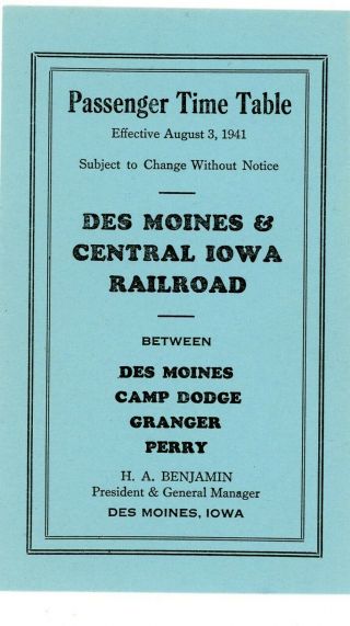 Des Moines & Central Iowa Rr Interur Card Passenger Time Table,  August 3,  1941
