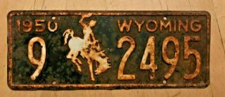 1950 Wyoming Auto License Plate " 9 2495 " Wy 50 Bronco Ready To Be Restored