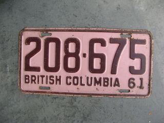 1961 61 British Columbia Bc Canada Canadian License Plate Tag 208 675