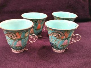 Set Of 4 Antique Chinese Porcelain Butterflies Tea Cups With Sterling Handles