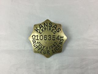 Vintage 1947 State Of Kansas Licensed Chauffeur 