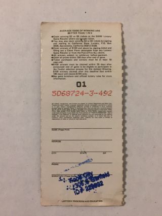 Vintage 1985 First Day California Lottery Ticket Scratcher 1980s 1st 4