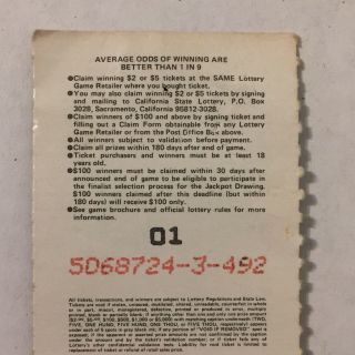 Vintage 1985 First Day California Lottery Ticket Scratcher 1980s 1st 5