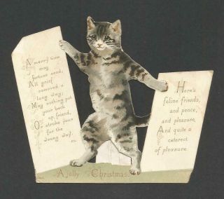 J70 - Anthropomorphic Cat Holding Signs - Victorian Diecut Standing Xmas Card