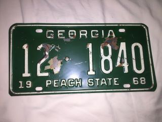 Vintage 1968 Georgia Peach State Automobile License Plate No.  12 - 1840