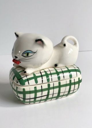 Vintage Holt Howard Cozy Kitten Tape Measure & Pin Trinket Box Hh Cat Mod 1958