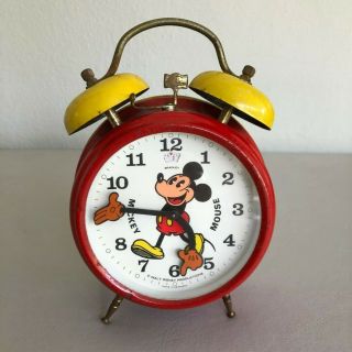 Mickey Mouse Wind - Up Alarm Clock Vintage Red And Yellow Germany