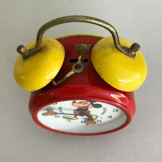 MICKEY MOUSE WIND - UP ALARM CLOCK VINTAGE RED AND YELLOW GERMANY 5