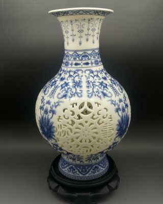 Chinese Jingdezhen White & Blue Porcelain Hand Painted & Hollow Carved Vase