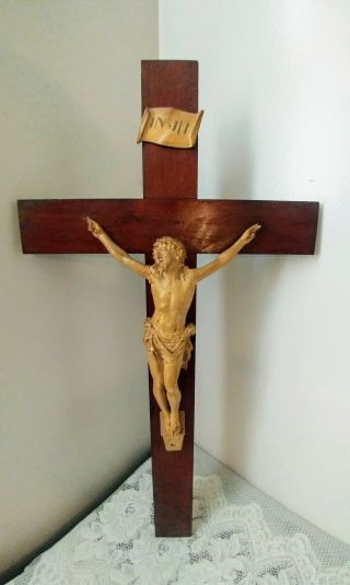 Large Ornate Metal on Wood Hanging Crucifix INRI Cross Jesus Christ 29  France 2