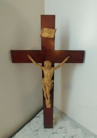 Large Ornate Metal on Wood Hanging Crucifix INRI Cross Jesus Christ 29  France 3