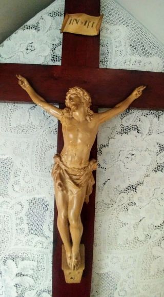 Large Ornate Metal on Wood Hanging Crucifix INRI Cross Jesus Christ 29  France 4