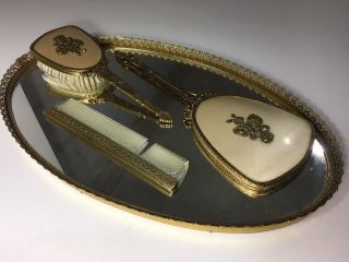 Fancy Ornate Ladies Large Oval Mirror Vanity Dresser Tray Mirror - Brush - Comb Set