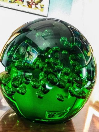 Large Green Studio Art Glass Paperweight With Inclusive Bubbles