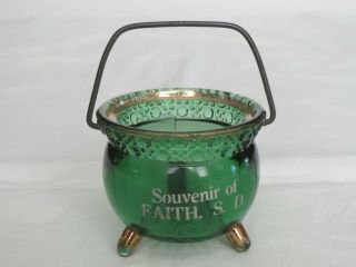 Faith Sd South Dakota Souvenir Advertising Green Glass Cauldron Kettle