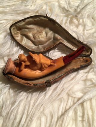 Antique Meerschaum Figural Pipe Lady Woman Lounging With Fan & Case