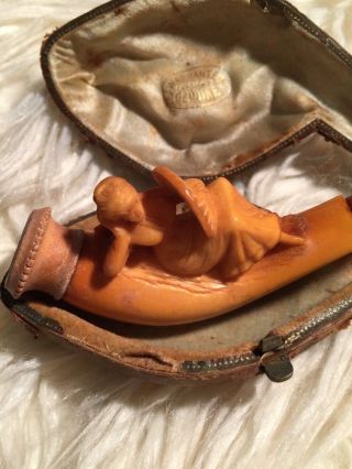 Antique Meerschaum Figural Pipe Lady Woman Lounging With Fan & Case 2
