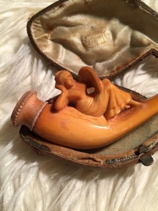 Antique Meerschaum Figural Pipe Lady Woman Lounging With Fan & Case 3