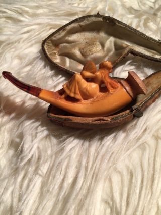 Antique Meerschaum Figural Pipe Lady Woman Lounging With Fan & Case 5