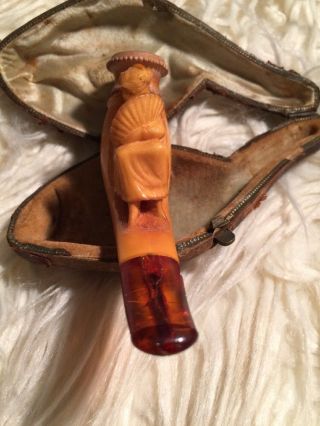 Antique Meerschaum Figural Pipe Lady Woman Lounging With Fan & Case 6