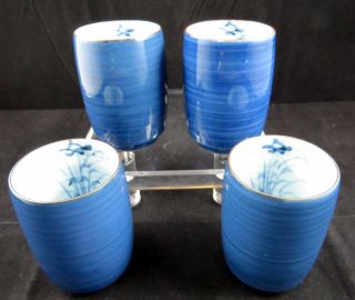 Asian Japanese 4 Piece Porcelain Blue Floral Inside Painted 3 3/8 " Tumblers
