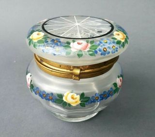 Antique Hand Painted Enamel Round Dresser Powder Jar W Flowers Glass