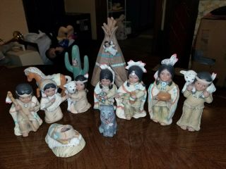 12 Piece Native American Nativity Set 1972 Ceramic Signed Hand Painted Southwest