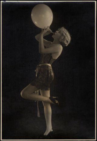Sensational Art Deco Flapper Girl & Balloon Risque Large Format Sepia Photograph