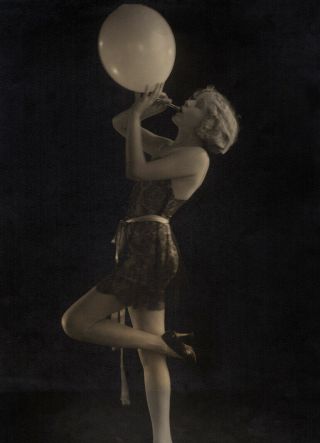 Sensational Art Deco Flapper Girl & Balloon Risque Large Format Sepia Photograph 2