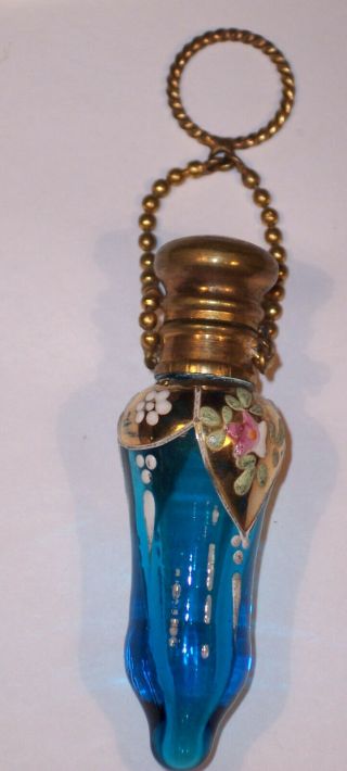 Antique Bohemian Moser Blue Glass Enamel Rose Scent Perfume Bottle Chatelaine