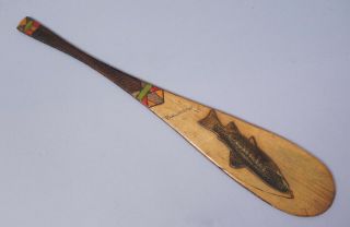 Antique C1900 Burlington Vt Souvenir Wooden Paddle Decoupage Hooked Trout Aafa