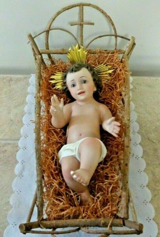 Antique Church 14” Christmas Nativity Baby Jesus In Manger Glass Eyes - Spain