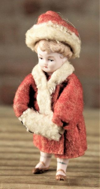 Antique German Bisque Miniature Girl Doll Dressed As Santa Orig Clothes Nr