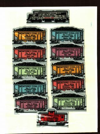 Rare Train Set Of 12 Monterey Coal Co.  Coal Mining Stickers 433