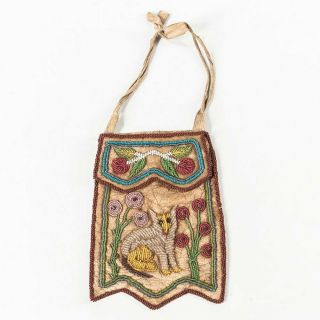 1880s Native American Iroquois Indian Bead Decorated Pictorial Hide Bag W/ Fox