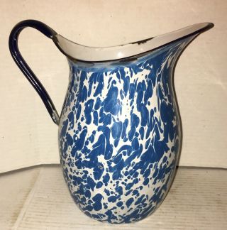 Antique Enamelware Blue & White Swirl Granite Ware Pitcher Great Shape Rare Find