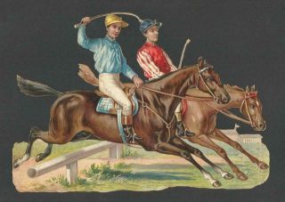 D00 - Jockeys Riding Horses - Extra Large Diecut Victorian Scrap - Alte Oblate